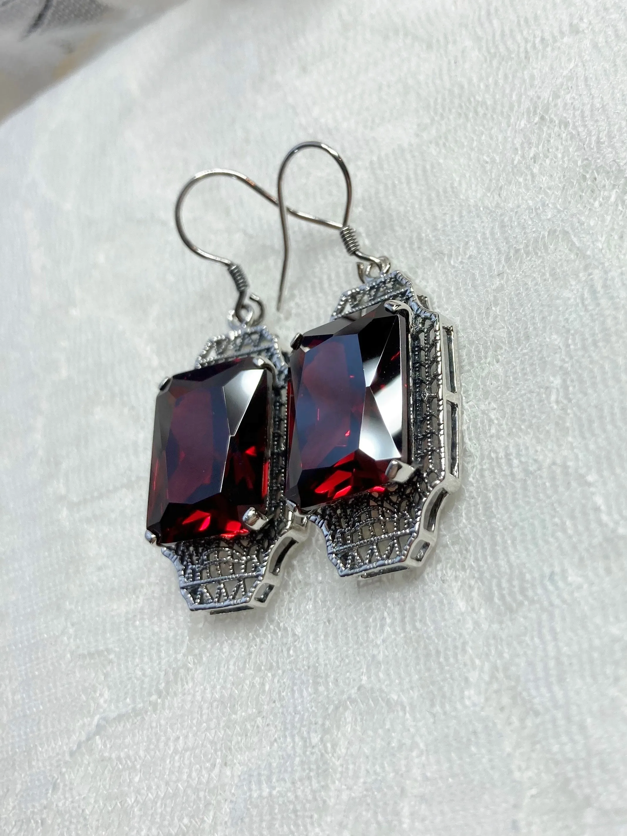 Garnet CZ Earrings, Rectangle Gems, Art Deco Lantern-style Silver Filigree #E13
