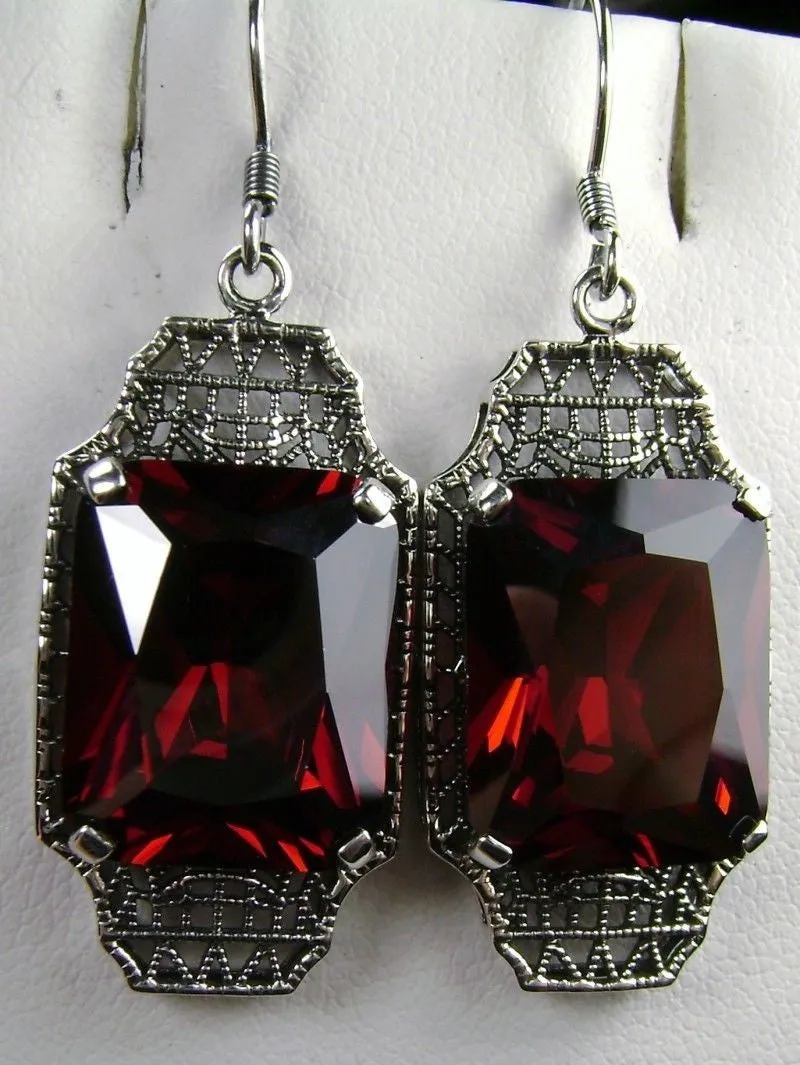 Garnet CZ Earrings, Rectangle Gems, Art Deco Lantern-style Silver Filigree #E13