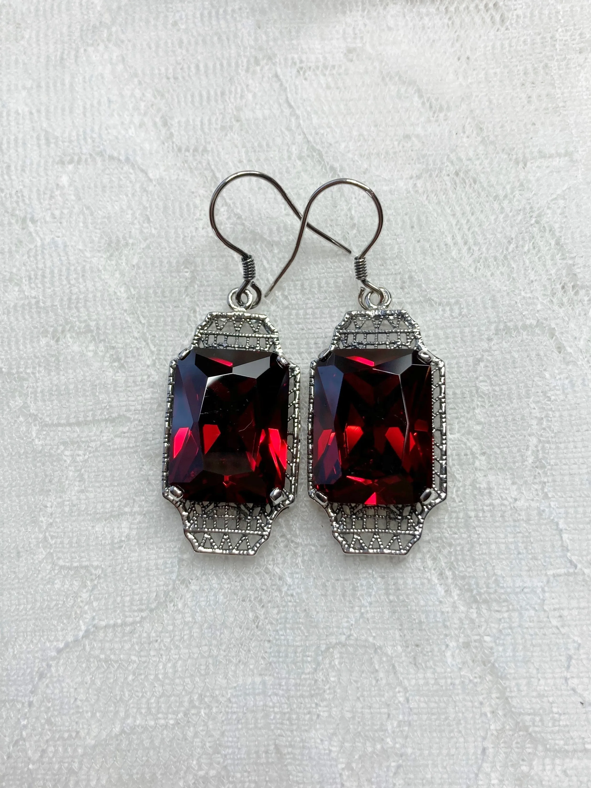 Garnet CZ Earrings, Rectangle Gems, Art Deco Lantern-style Silver Filigree #E13
