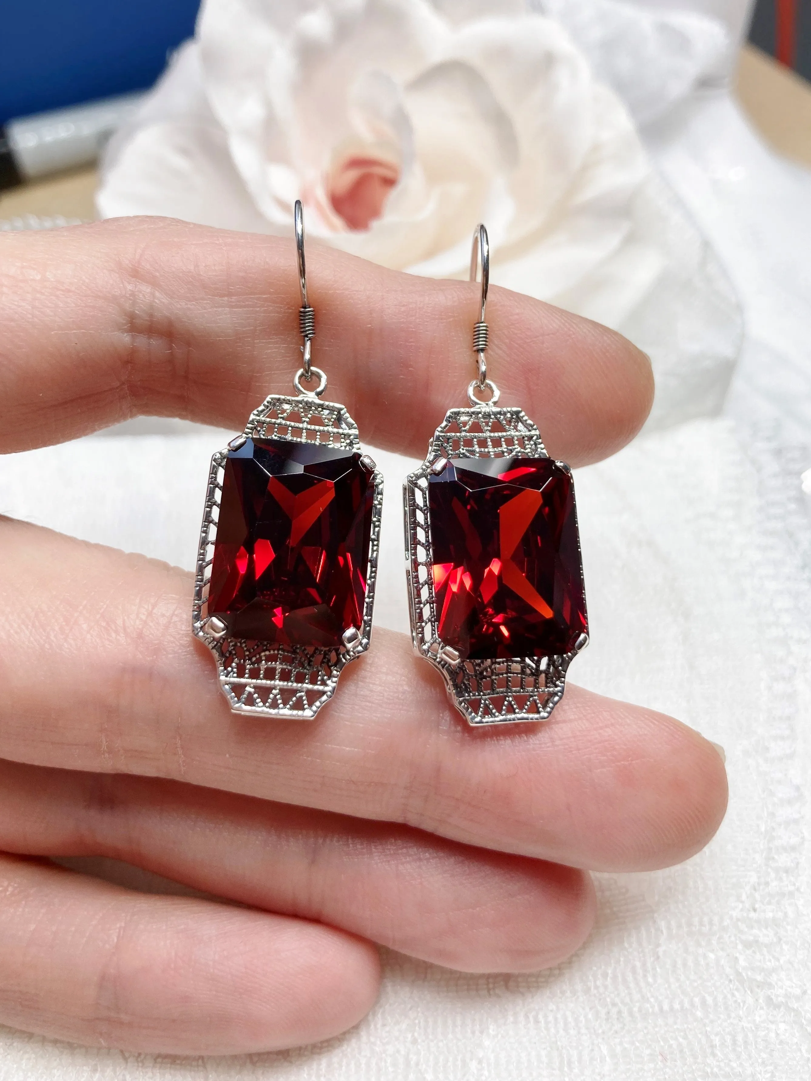 Garnet CZ Earrings, Rectangle Gems, Art Deco Lantern-style Silver Filigree #E13