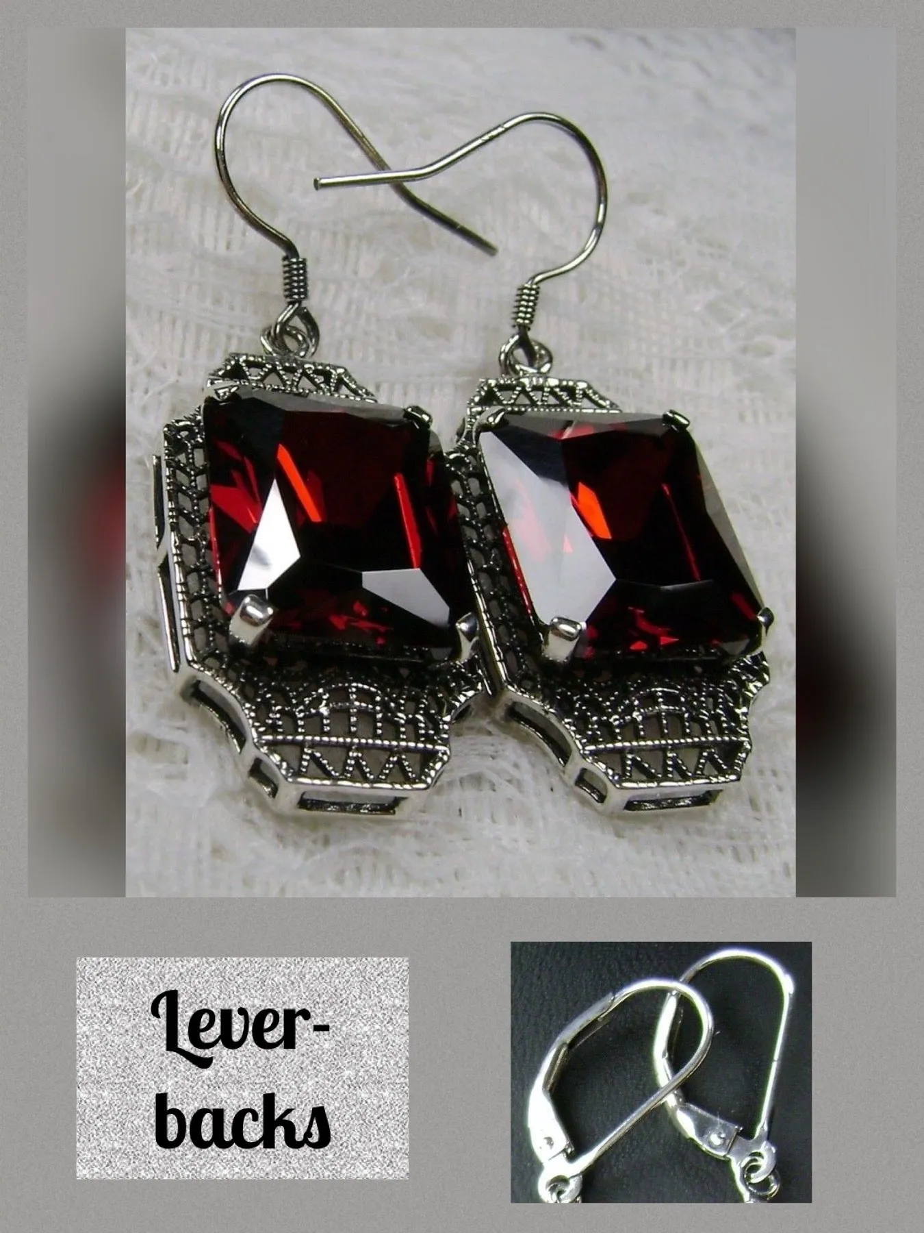 Garnet CZ Earrings, Rectangle Gems, Art Deco Lantern-style Silver Filigree #E13