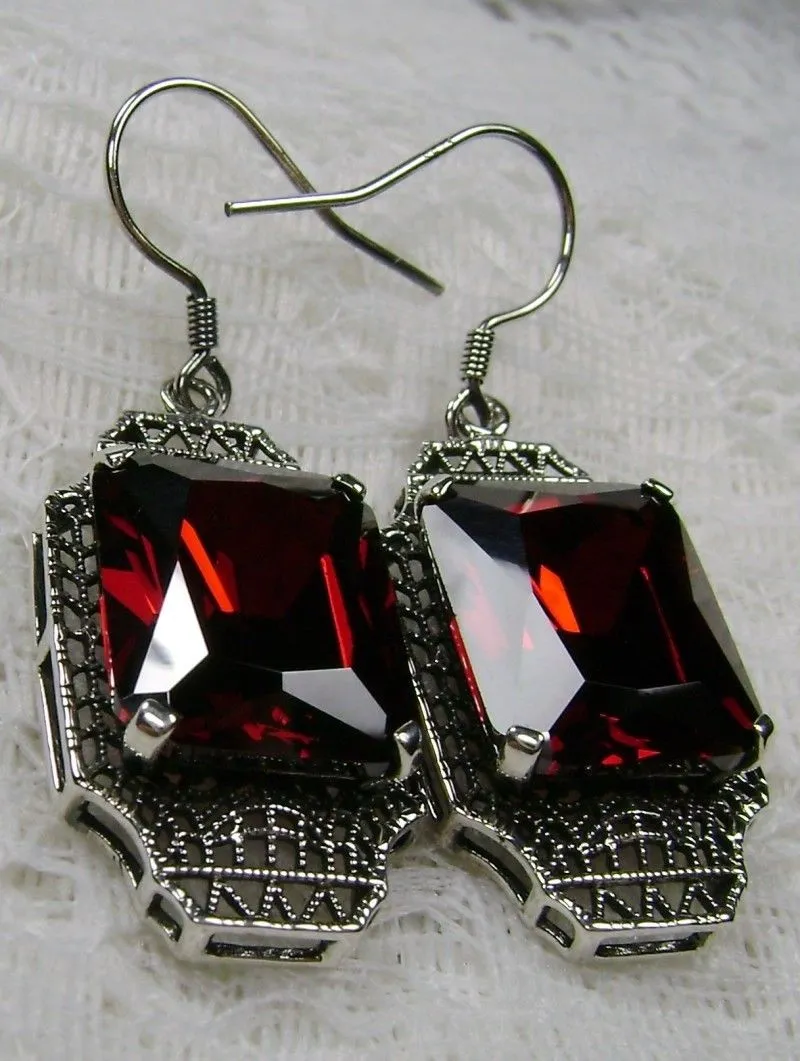 Garnet CZ Earrings, Rectangle Gems, Art Deco Lantern-style Silver Filigree #E13