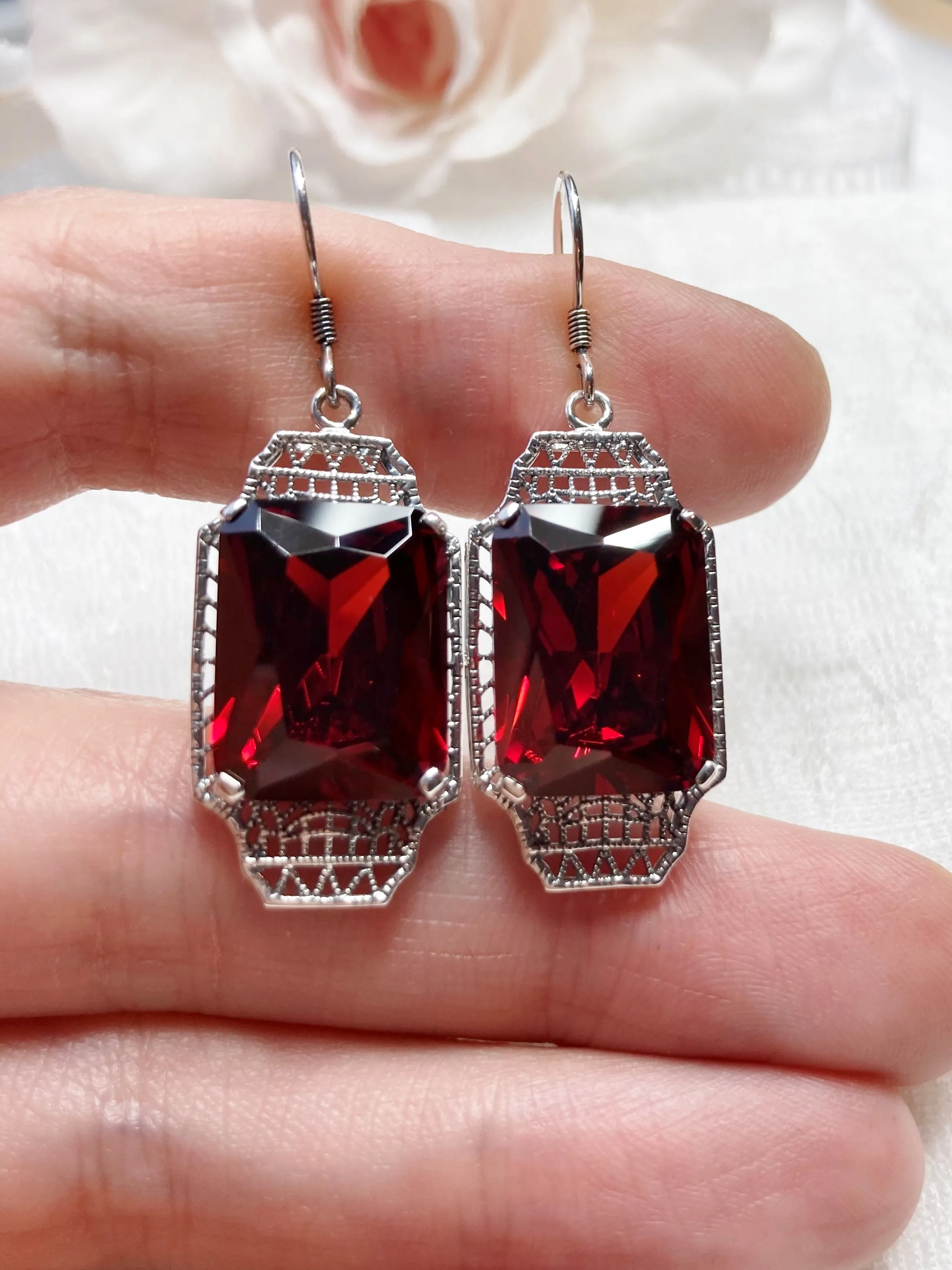 Garnet CZ Earrings, Rectangle Gems, Art Deco Lantern-style Silver Filigree #E13