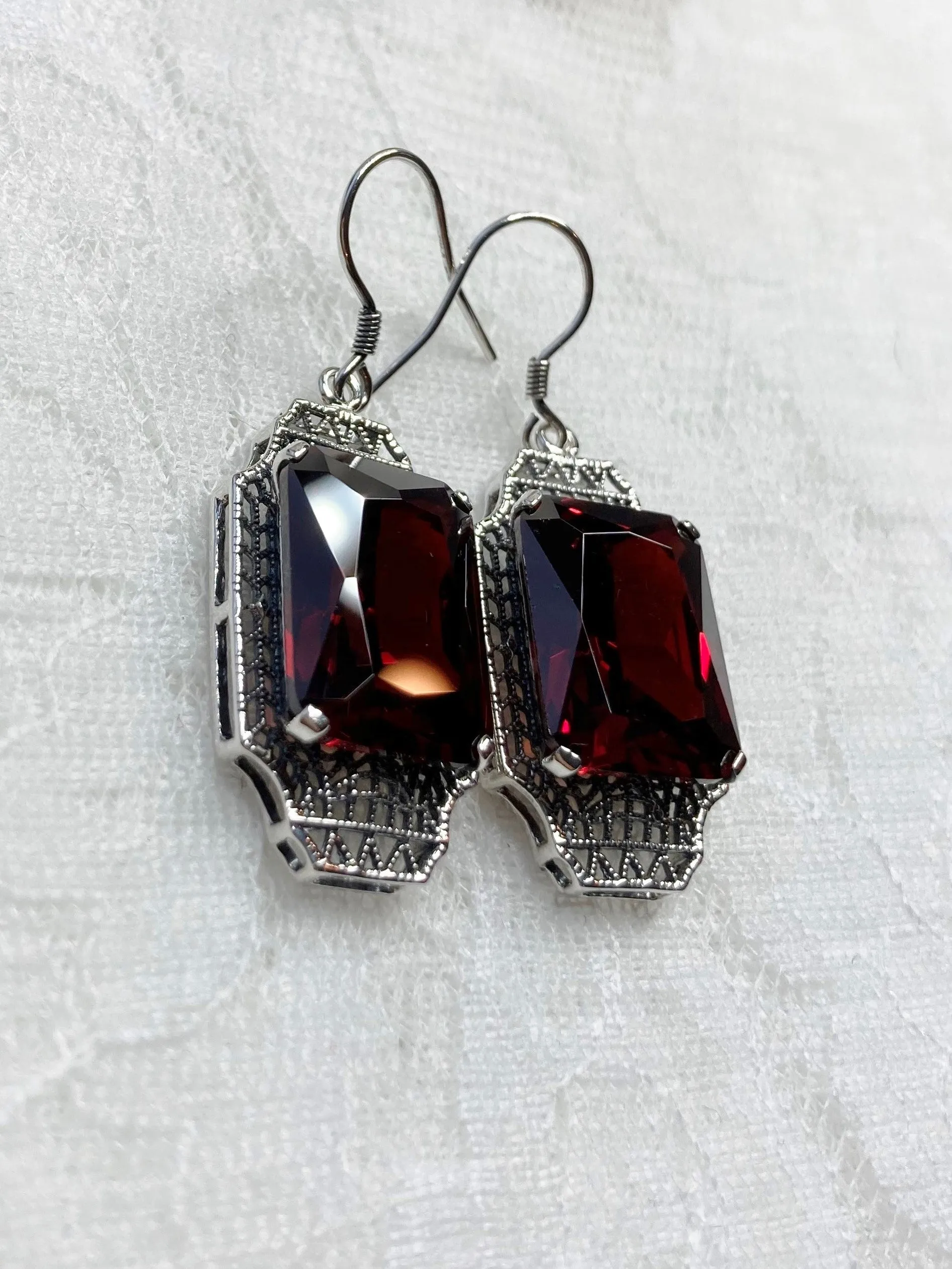 Garnet CZ Earrings, Rectangle Gems, Art Deco Lantern-style Silver Filigree #E13
