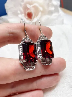 Garnet CZ Earrings, Rectangle Gems, Art Deco Lantern-style Silver Filigree #E13
