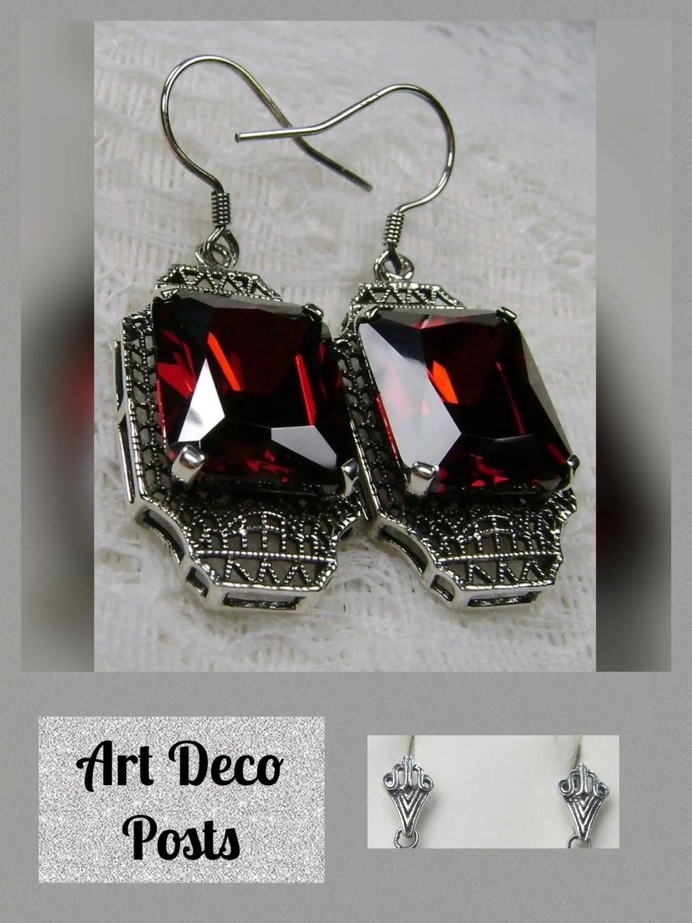Garnet CZ Earrings, Rectangle Gems, Art Deco Lantern-style Silver Filigree #E13