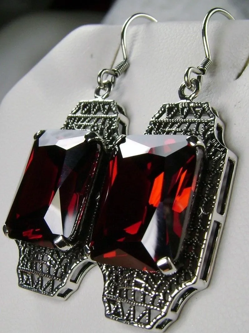 Garnet CZ Earrings, Rectangle Gems, Art Deco Lantern-style Silver Filigree #E13