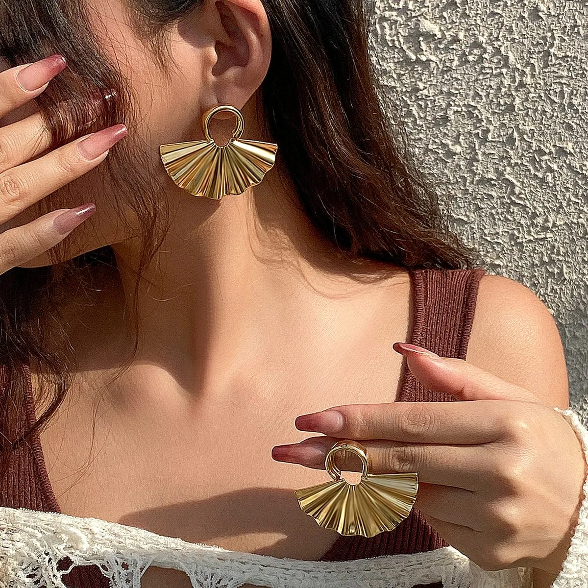 Geometric Gold Silver Tone Fan Earrings