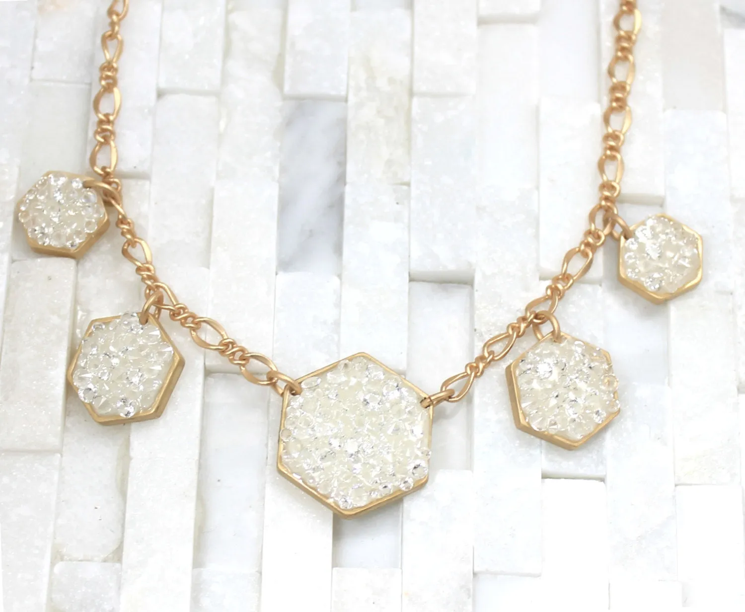 Geometric necklace-Hexagon necklace- white-