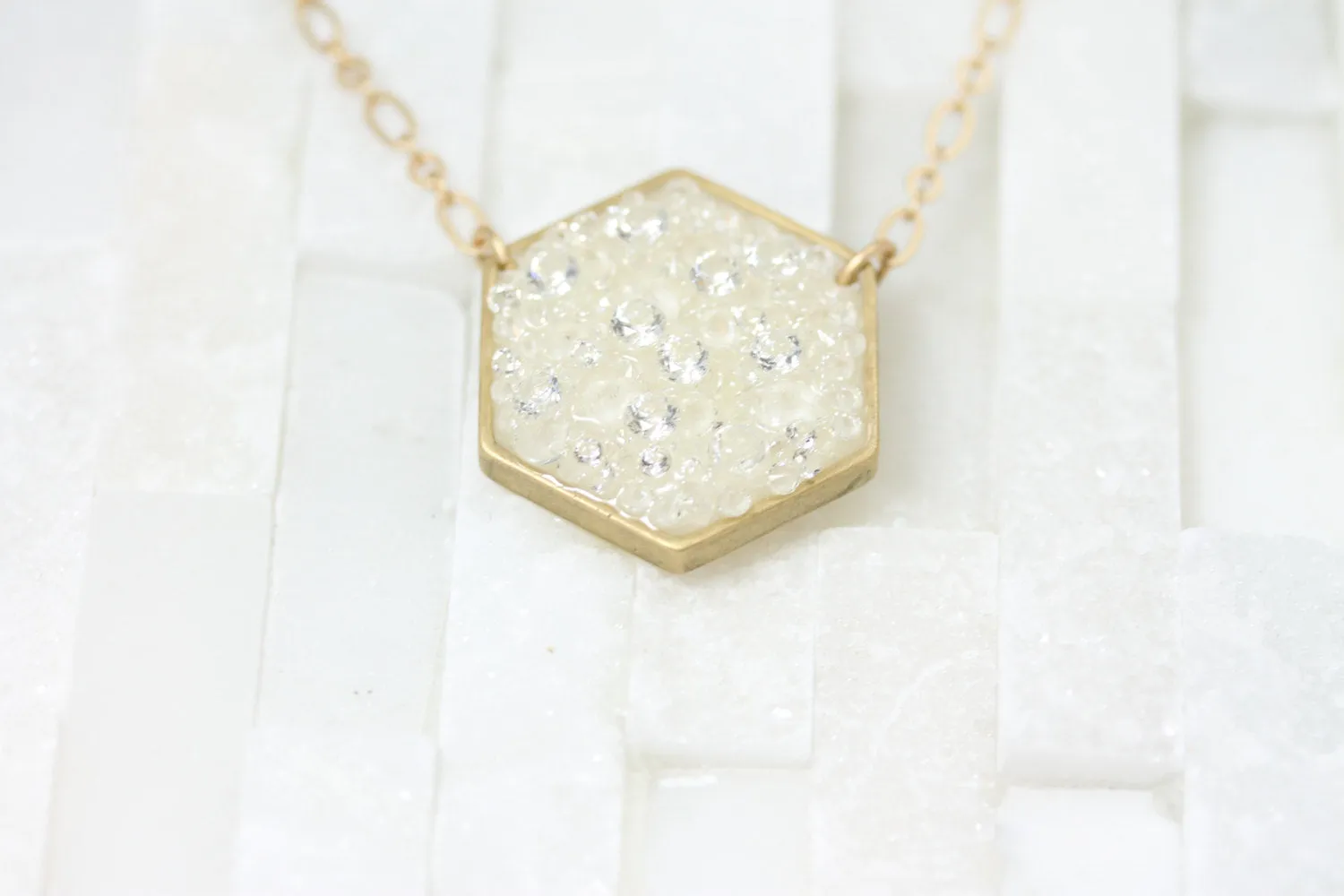 Geometric necklace-Hexagon necklace- white-