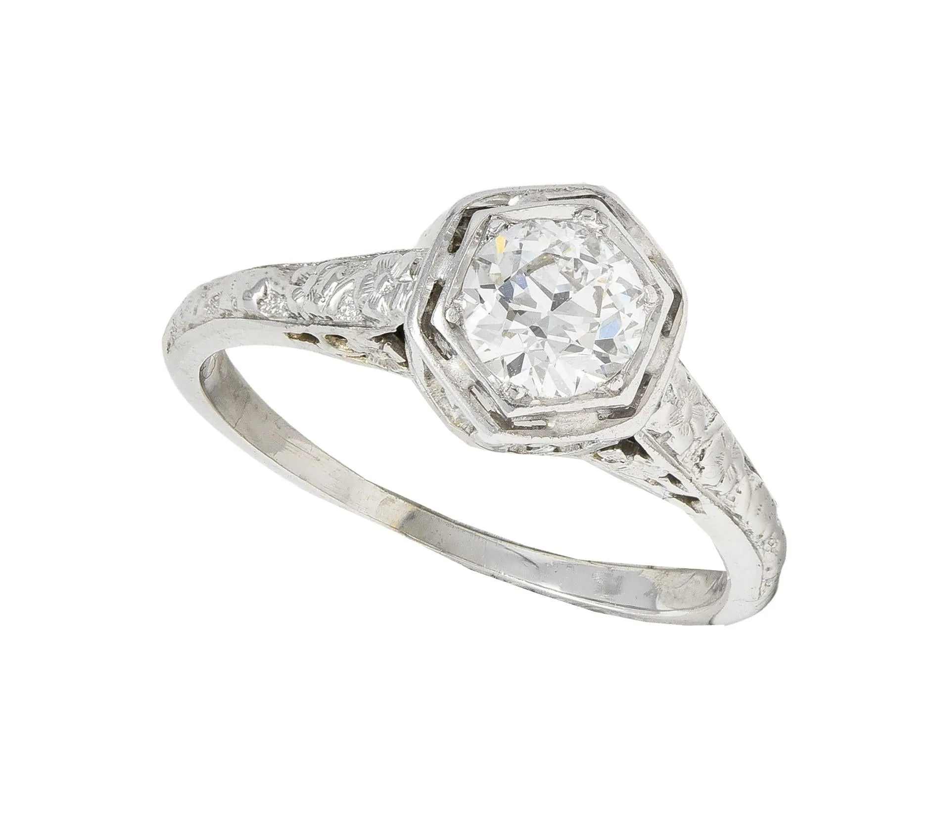 Glaser Bros. Art Deco 0.60 CTW Old European Diamond 18 Karat White Vintage Floral Engagement Ring