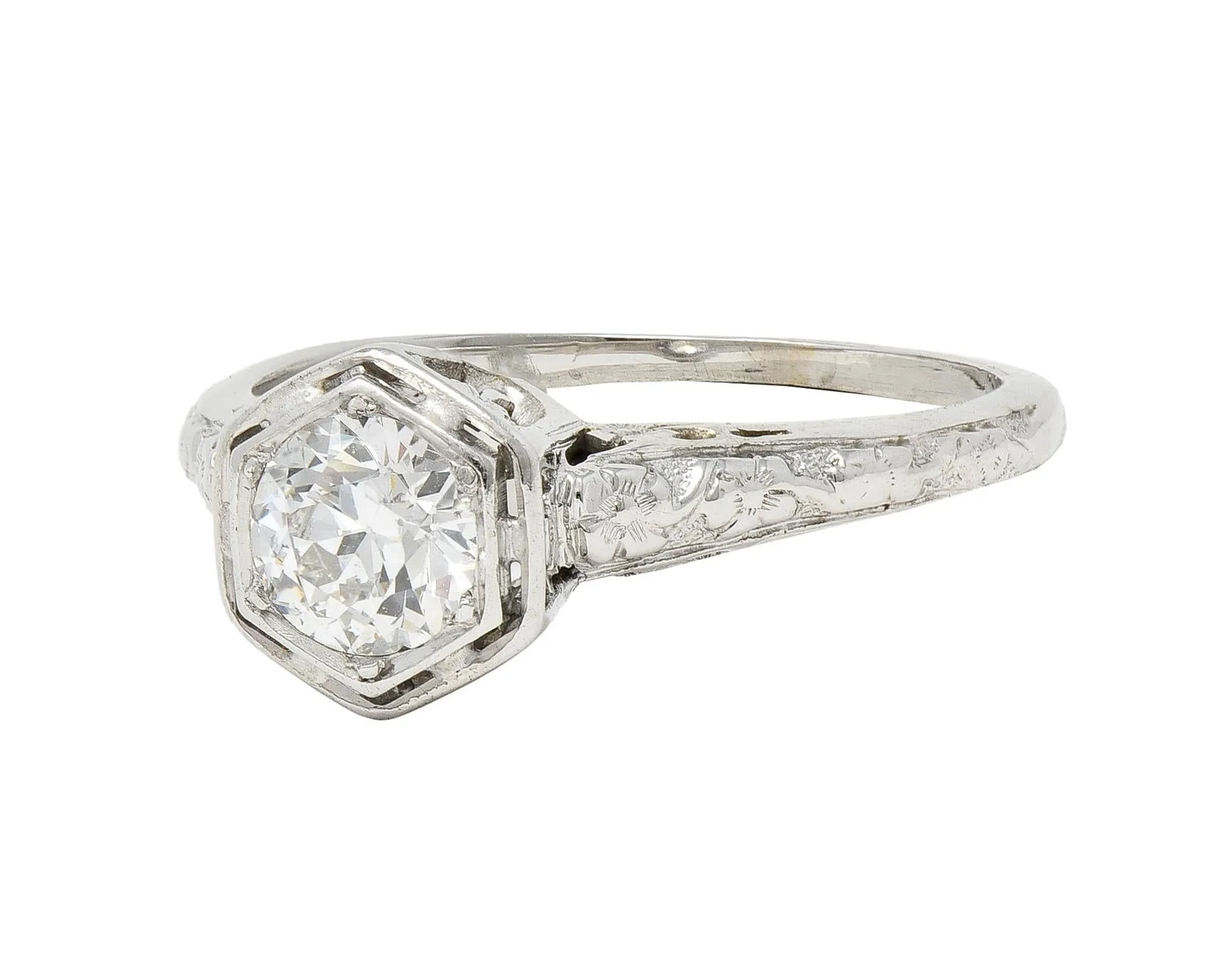 Glaser Bros. Art Deco 0.60 CTW Old European Diamond 18 Karat White Vintage Floral Engagement Ring