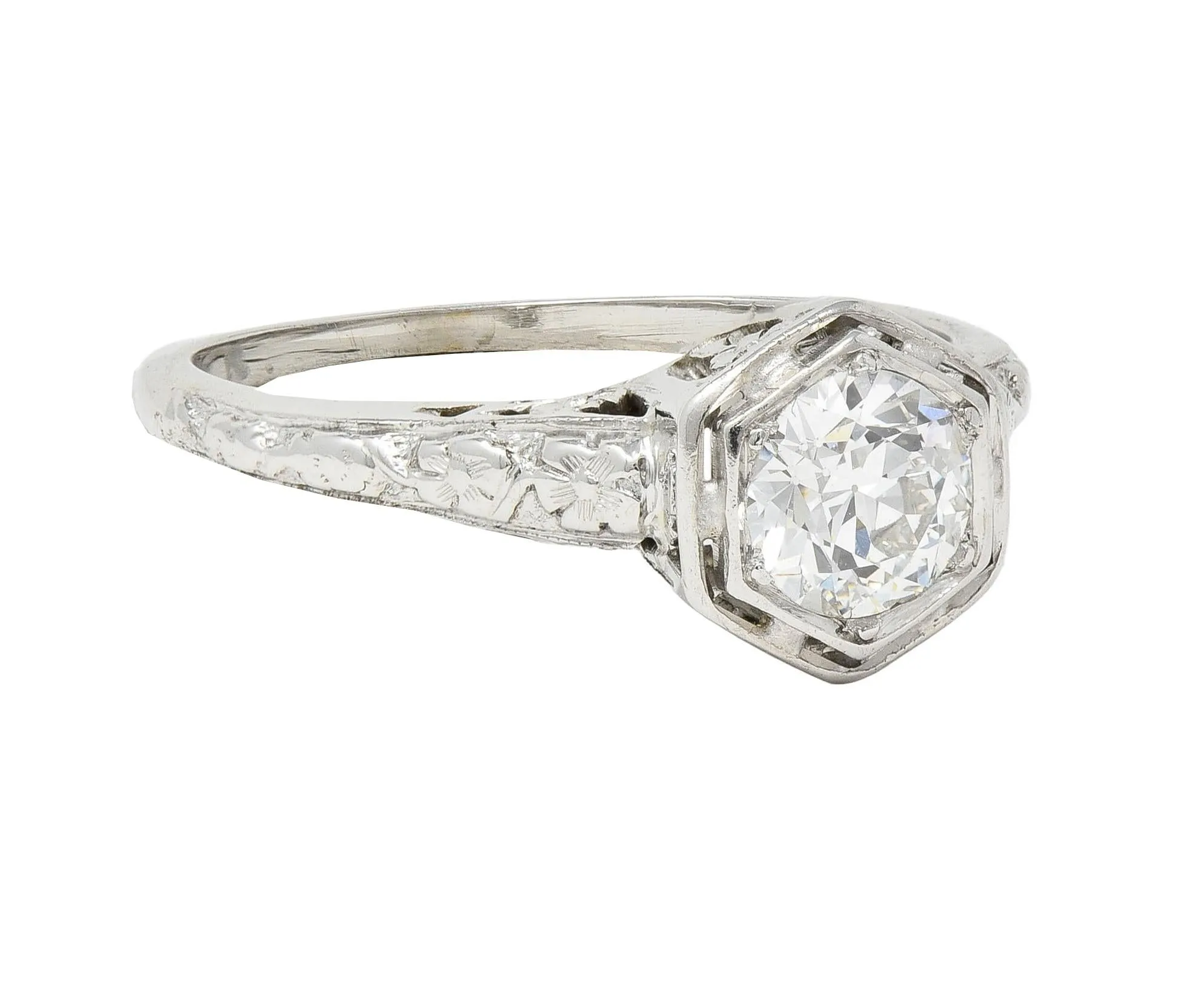 Glaser Bros. Art Deco 0.60 CTW Old European Diamond 18 Karat White Vintage Floral Engagement Ring