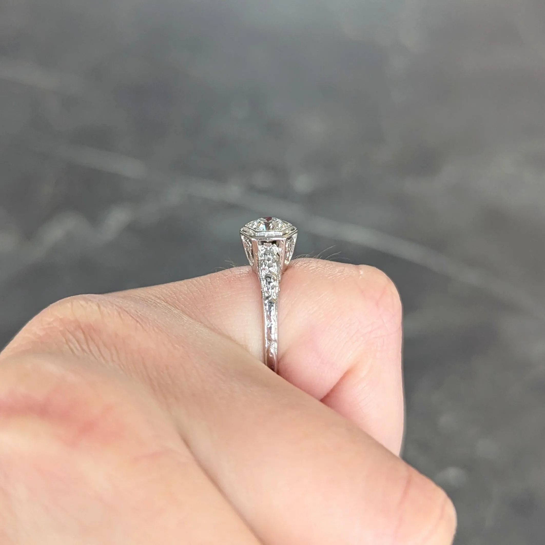 Glaser Bros. Art Deco 0.60 CTW Old European Diamond 18 Karat White Vintage Floral Engagement Ring