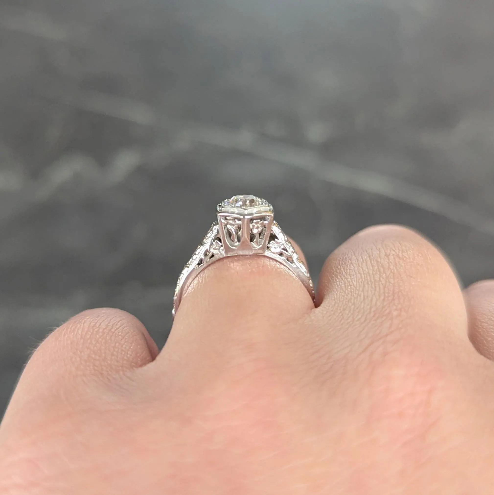 Glaser Bros. Art Deco 0.60 CTW Old European Diamond 18 Karat White Vintage Floral Engagement Ring