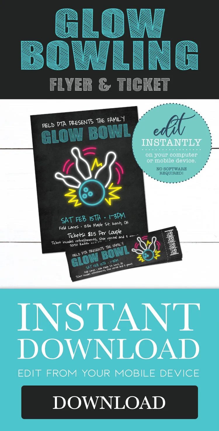 Glow Bowling Event Fundraiser Flyer & Ticket