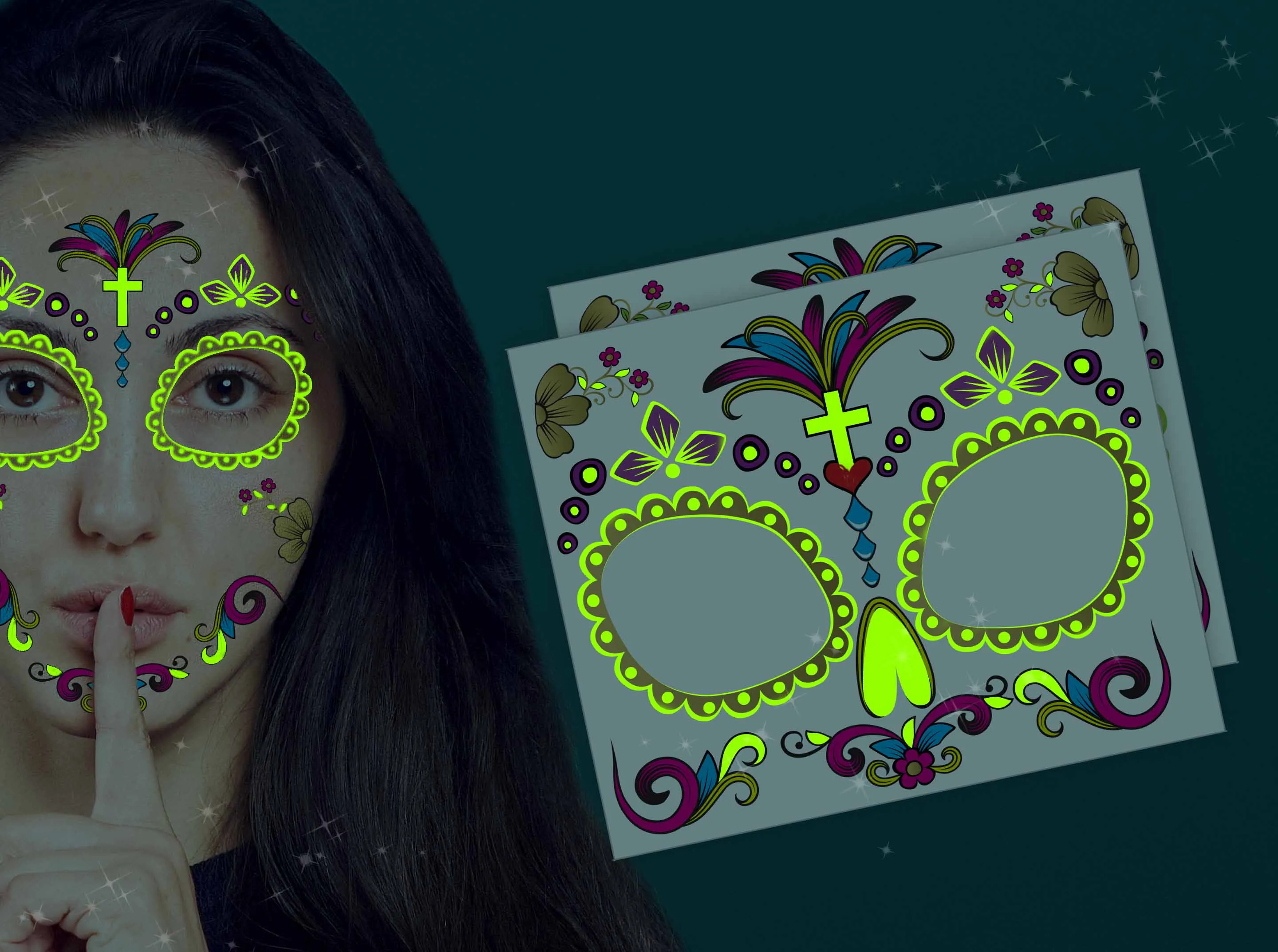 Glow-in-the-dark: Día de los Muertos face tattoo (Gold)