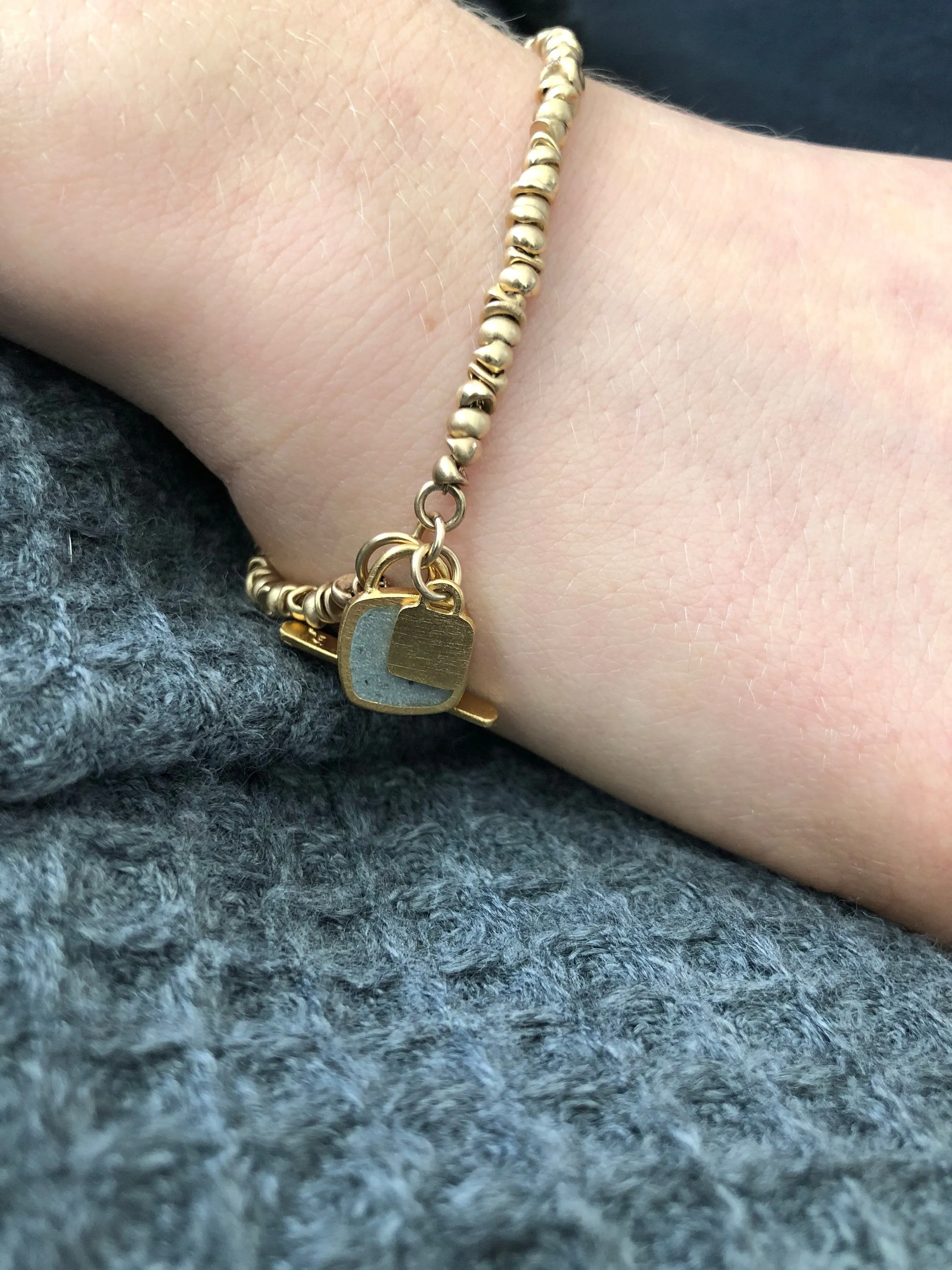 Gold Beads & Square Charm Bracelet with solid gold chain inside