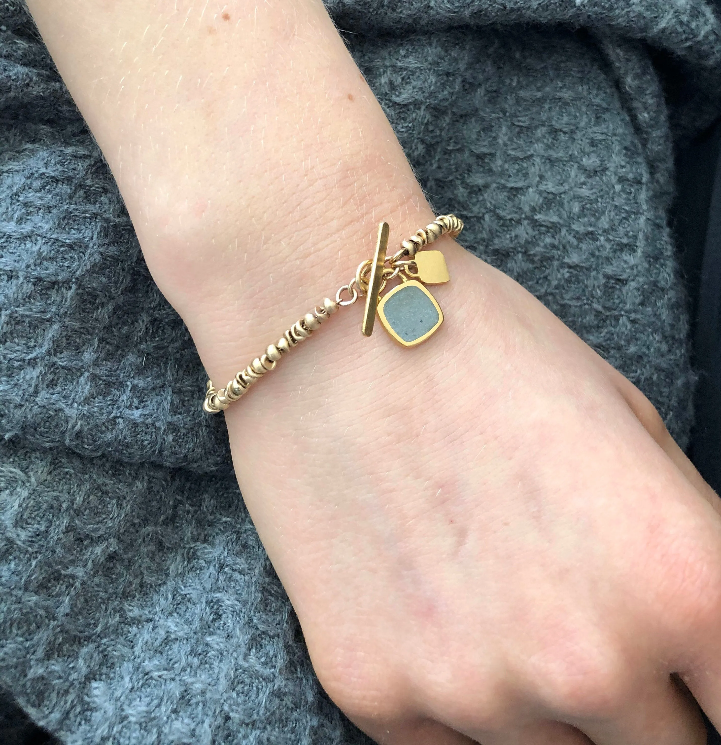Gold Beads & Square Charm Bracelet with solid gold chain inside