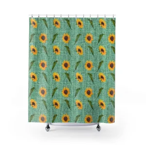 Green Burlap Design With Large Sunflower Pattern Bathroom Shower Curtain