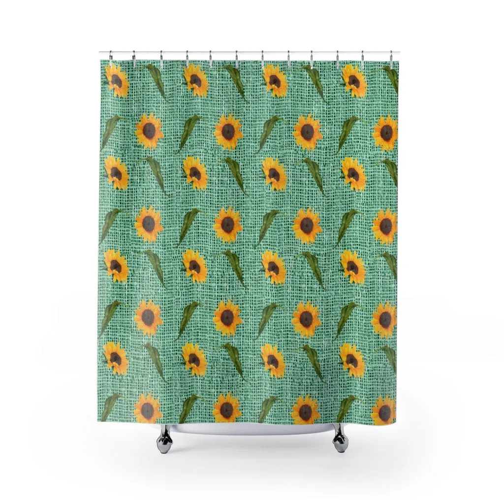 Green Burlap Design With Large Sunflower Pattern Bathroom Shower Curtain