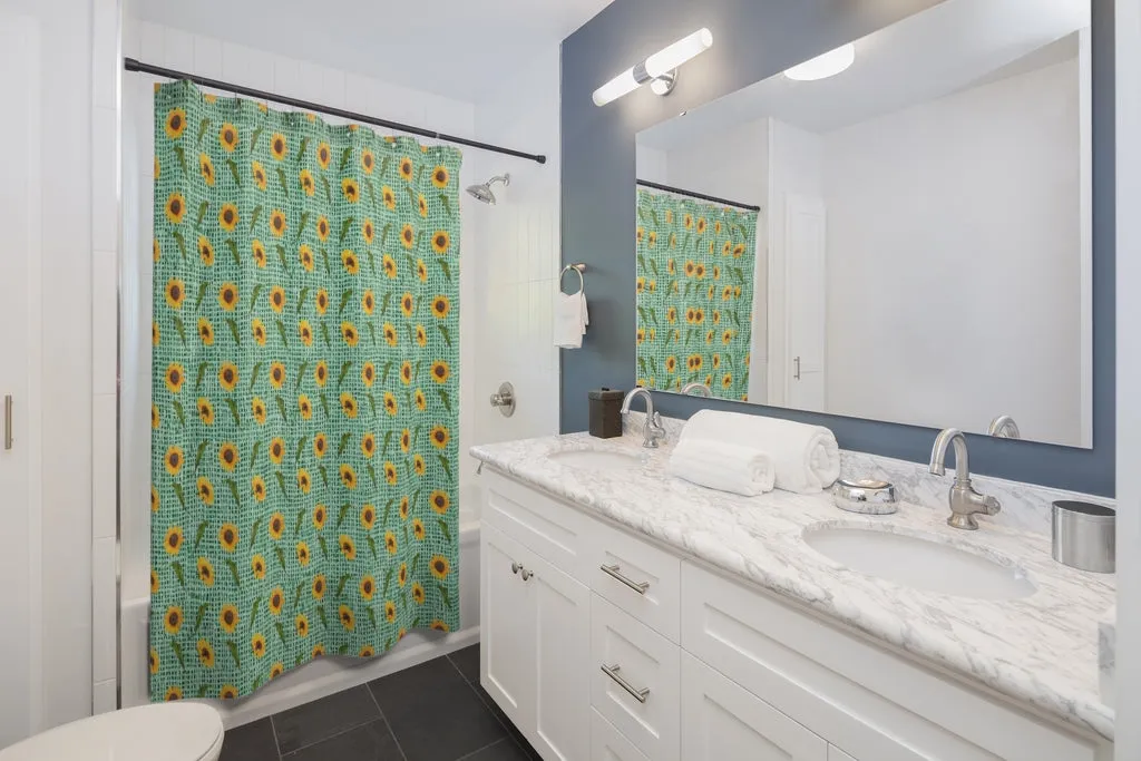 Green Burlap Design With Sunflower Pattern Bathroom Shower Curtain