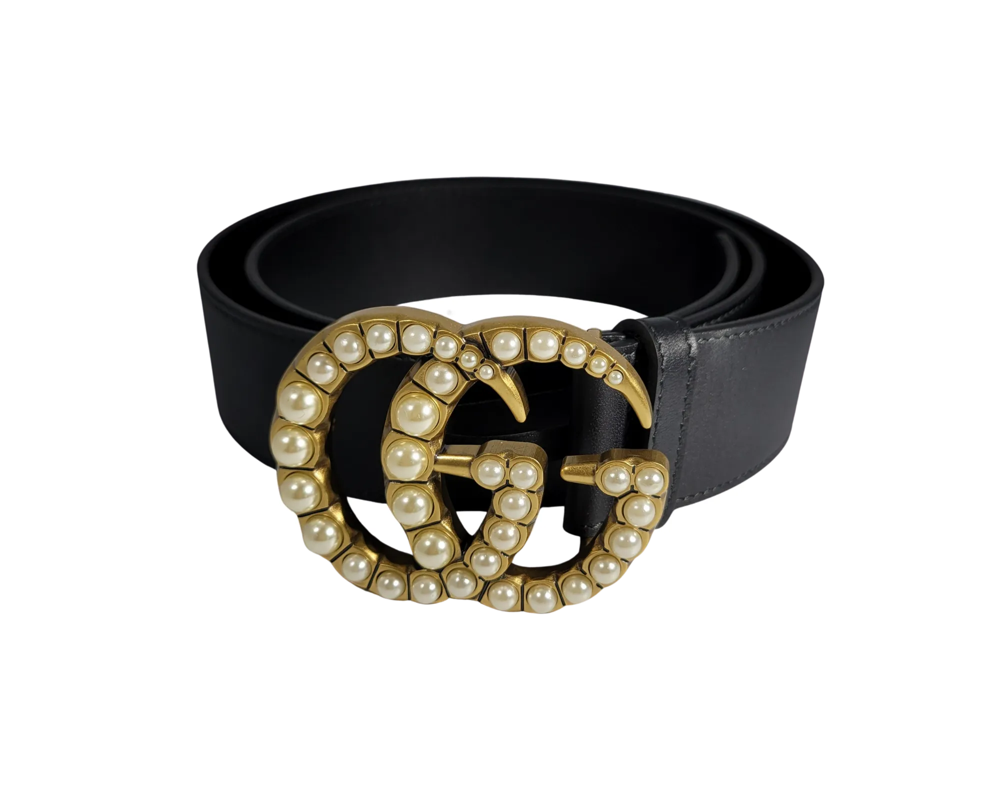 GUCCI BLACK BELT W/ DOUBLE G PEARLY BUCKLE