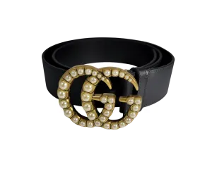 GUCCI BLACK BELT W/ DOUBLE G PEARLY BUCKLE