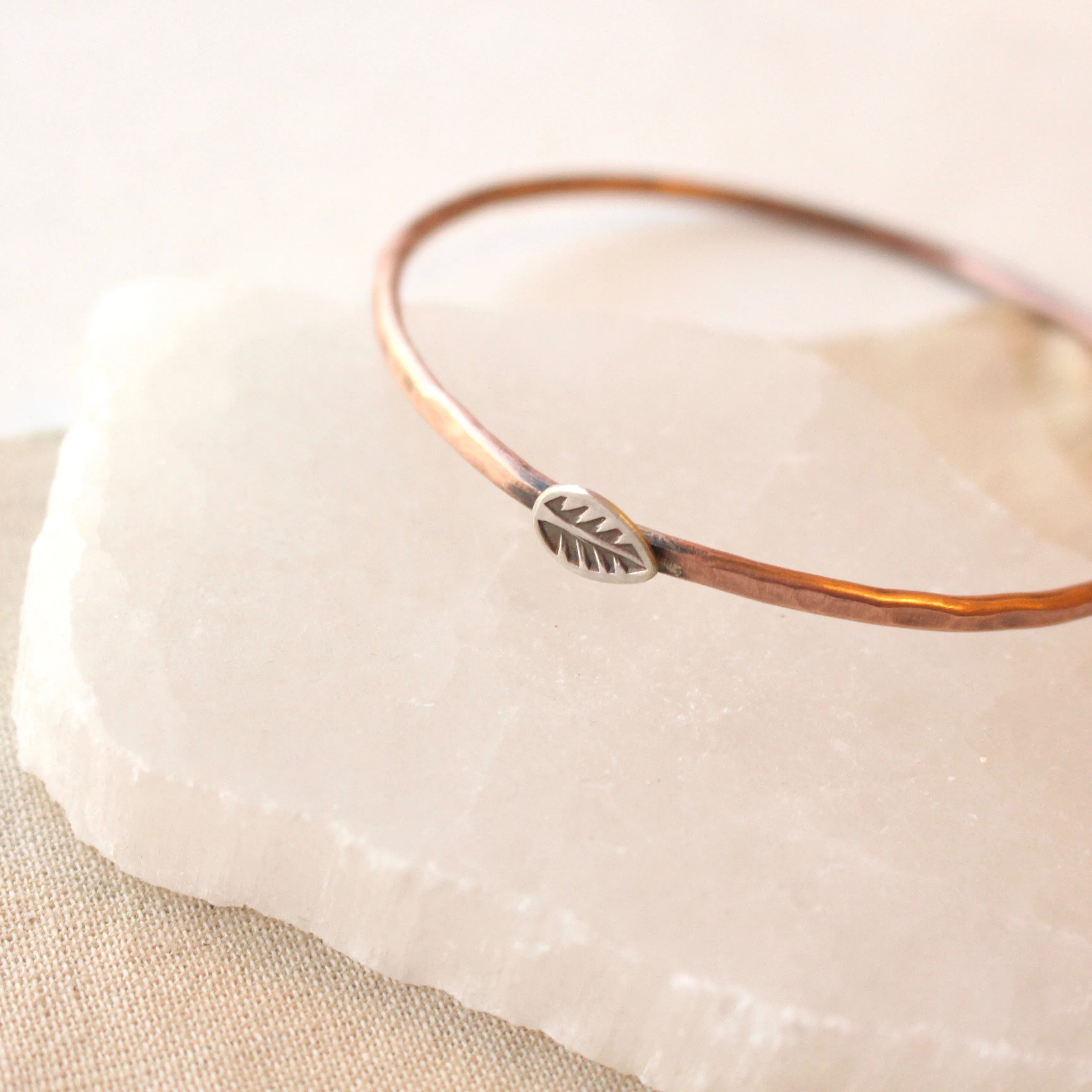 Hammered Copper Bangles with Stamped Silver Elements