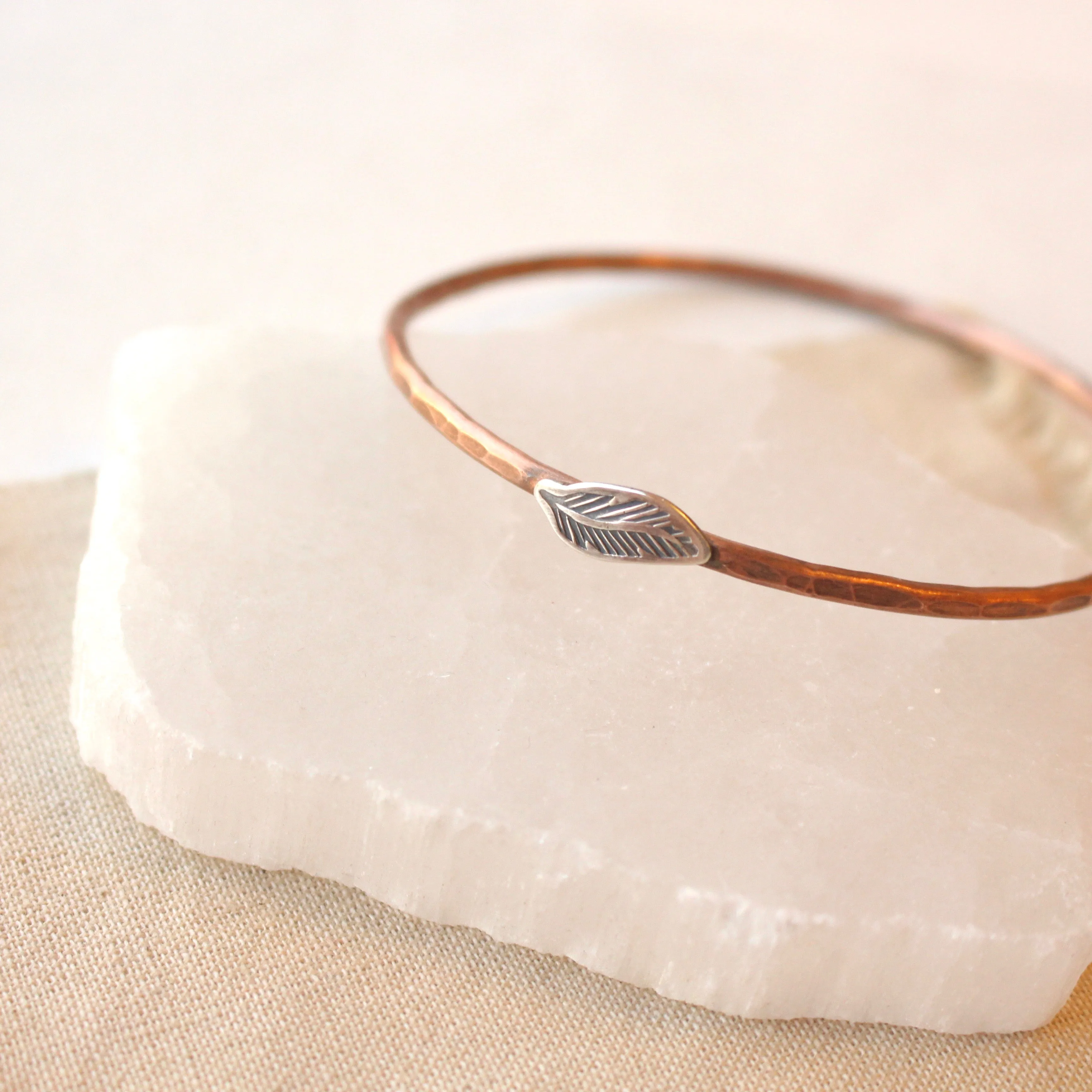 Hammered Copper Bangles with Stamped Silver Elements