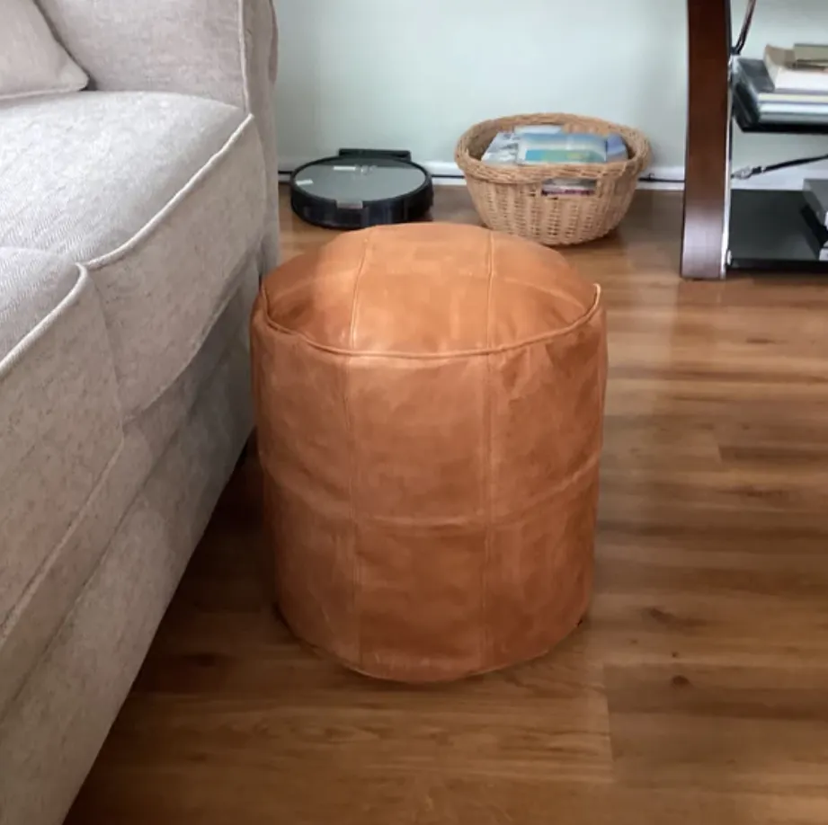 Handmade Round Moroccan Leather Pouf - Genuine Leather Ottoman Footstool - Unstuffed, Multiple Colors