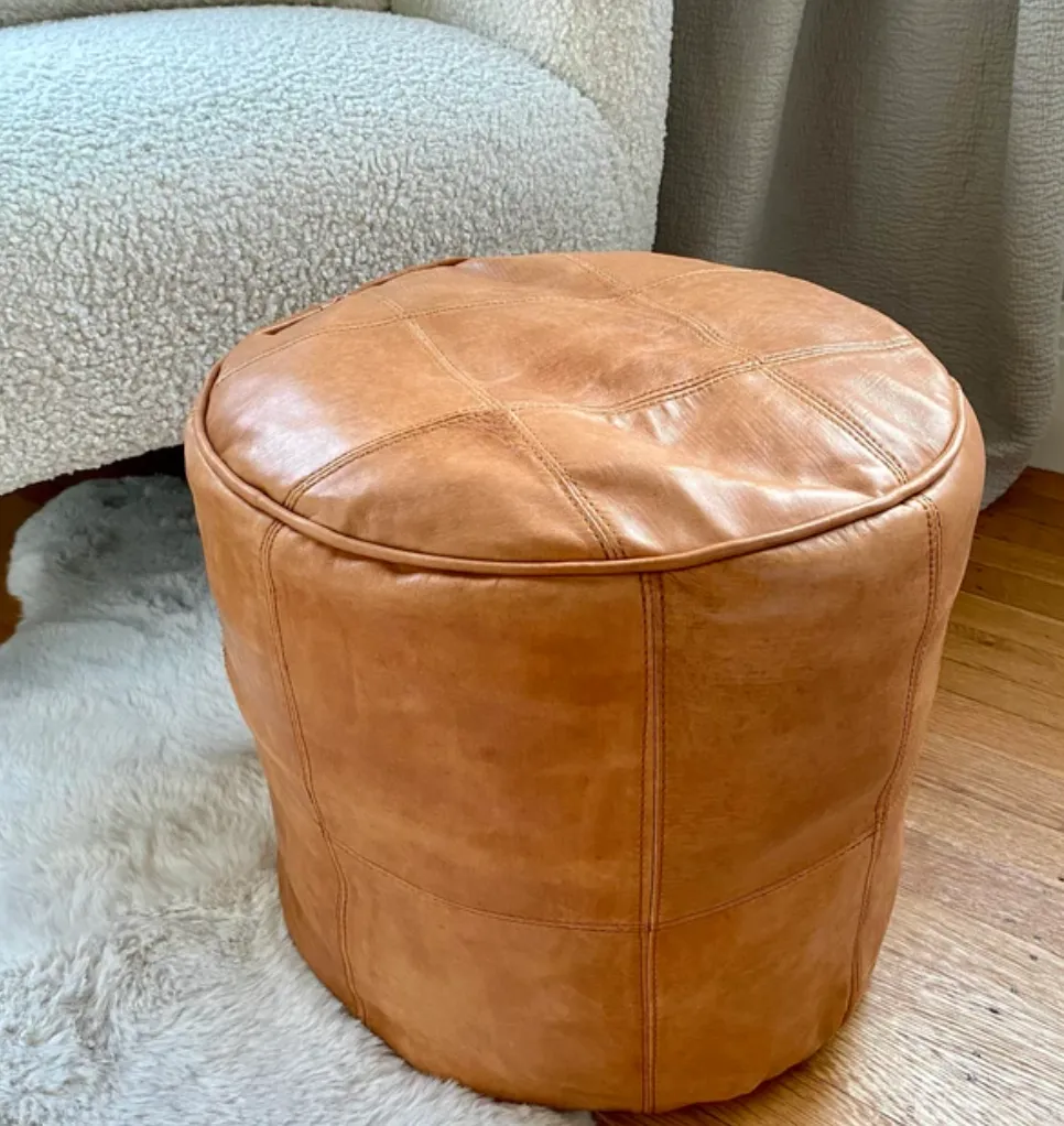 Handmade Round Moroccan Leather Pouf - Genuine Leather Ottoman Footstool - Unstuffed, Multiple Colors