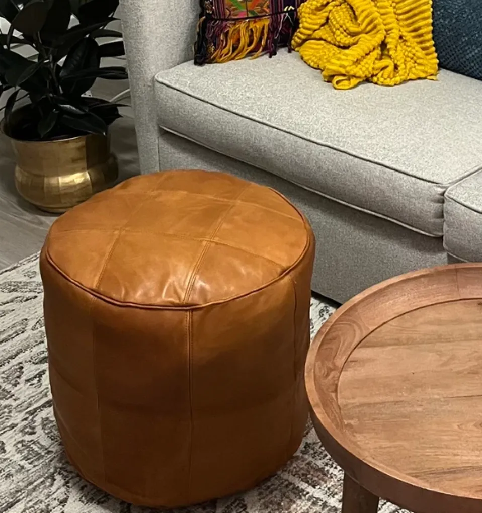 Handmade Round Moroccan Leather Pouf - Genuine Leather Ottoman Footstool - Unstuffed, Multiple Colors