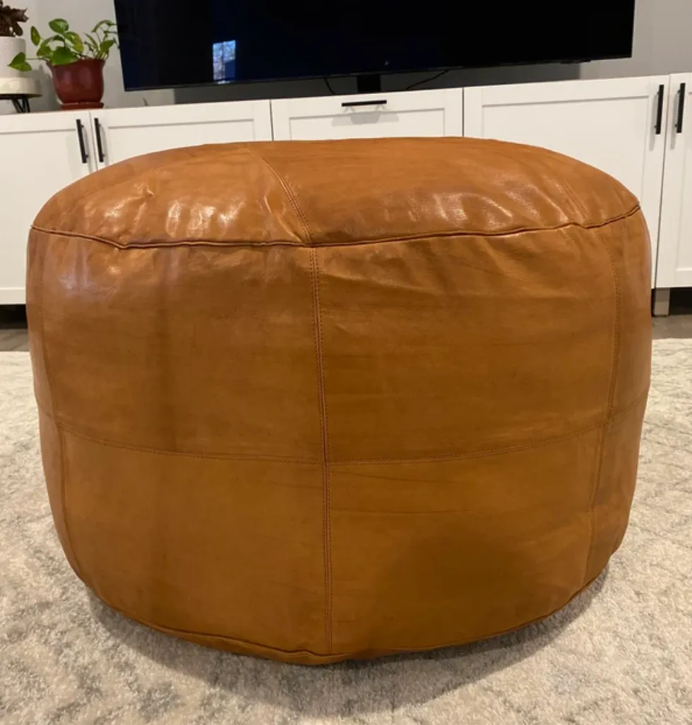 Handmade Round Moroccan Leather Pouf - Genuine Leather Ottoman Footstool - Unstuffed, Multiple Colors