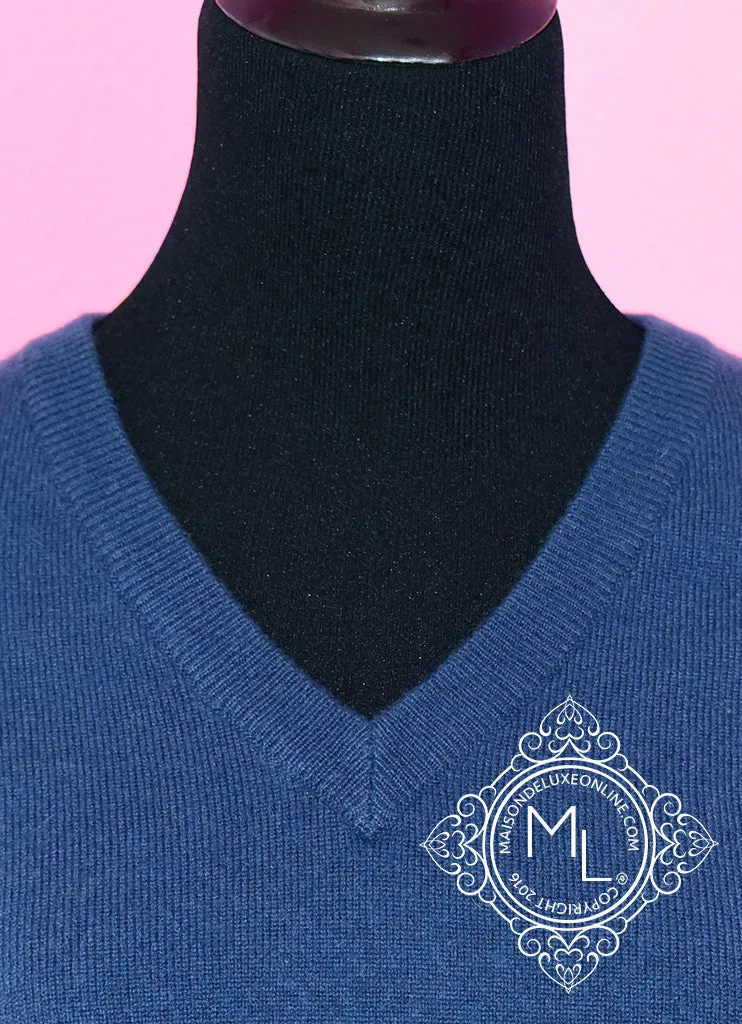 Hermes Blue de Prusse V-Neck Cashmere Sweater L