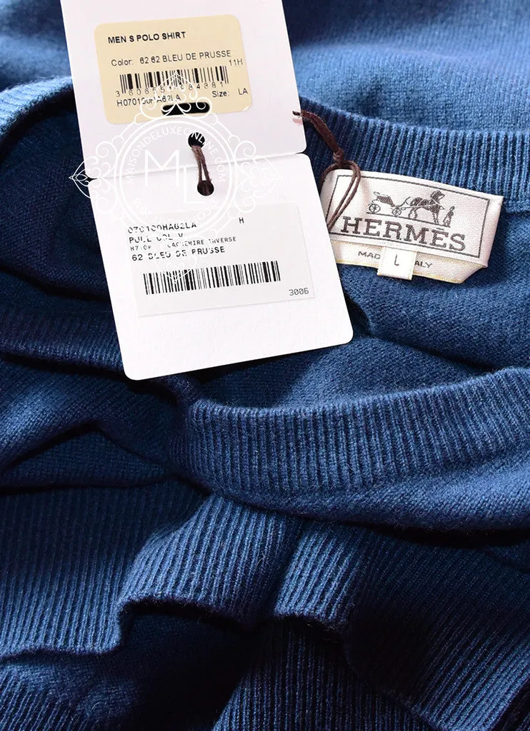 Hermes Blue de Prusse V-Neck Cashmere Sweater L