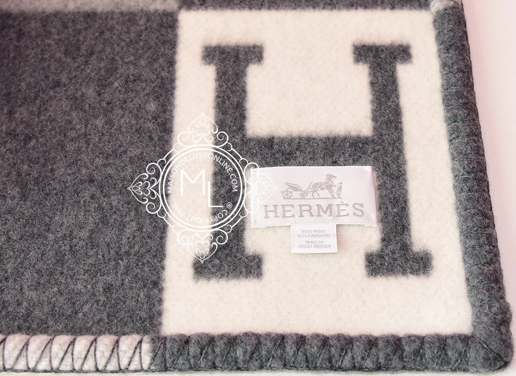 Hermes Large Plaid Anthracite Tricolore Wool Cashmere H Avalon Blanket