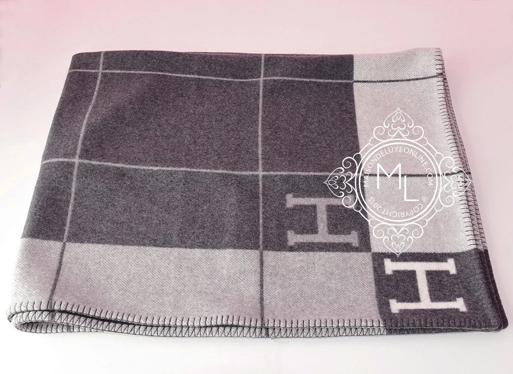 Hermes Large Plaid Anthracite Tricolore Wool Cashmere H Avalon Blanket