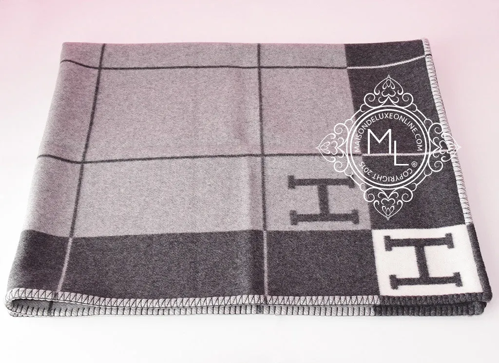 Hermes Large Plaid Anthracite Tricolore Wool Cashmere H Avalon Blanket