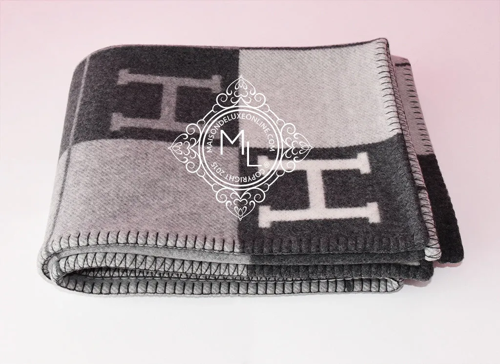 Hermes Large Plaid Anthracite Tricolore Wool Cashmere H Avalon Blanket