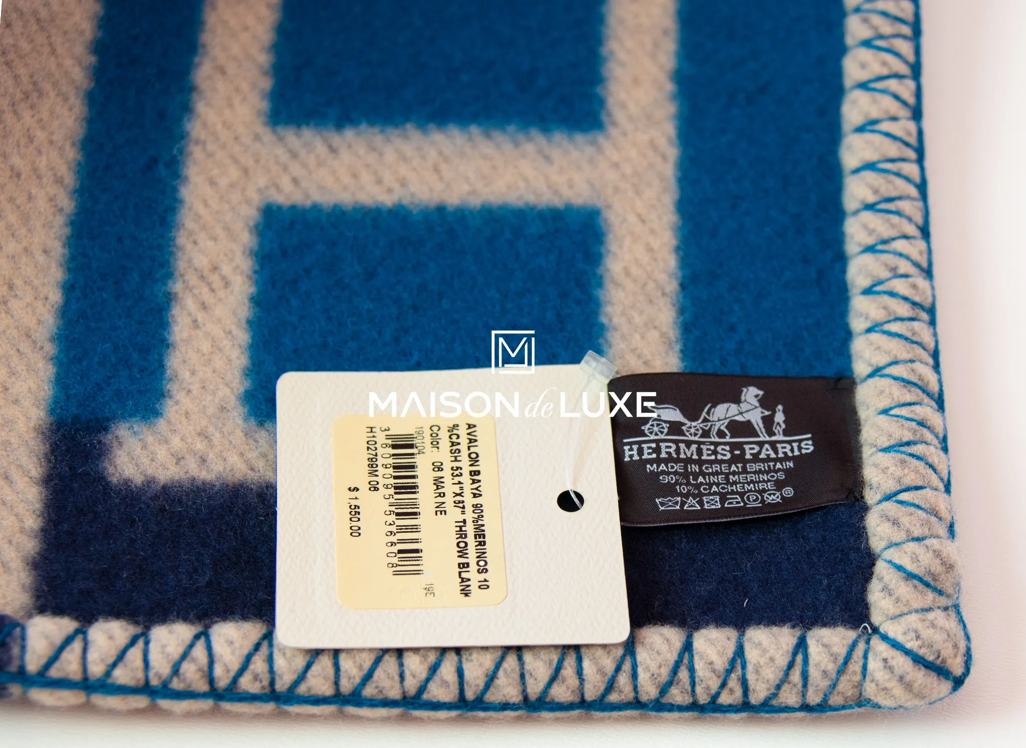 Hermes Marine Blue Wool Cashmere H Avalon Bayadere Blanket