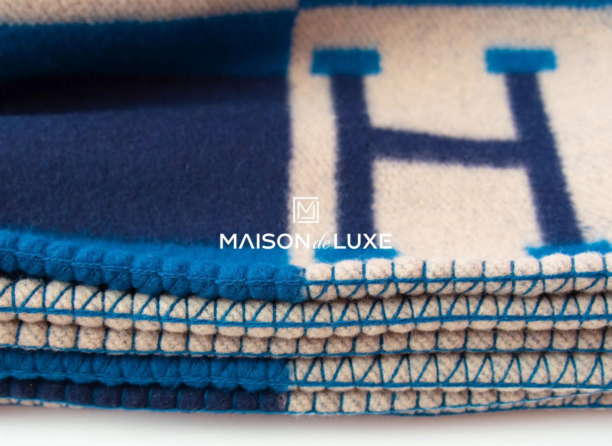 Hermes Marine Blue Wool Cashmere H Avalon Bayadere Blanket