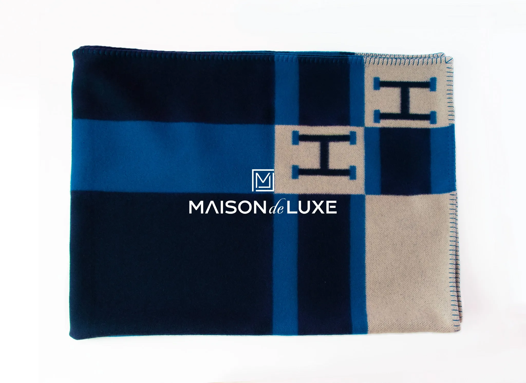 Hermes Marine Blue Wool Cashmere H Avalon Bayadere Blanket