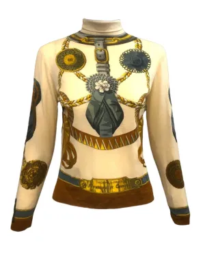 Hermes Sport 60s Cashmere Equestrian Print Turtleneck Top