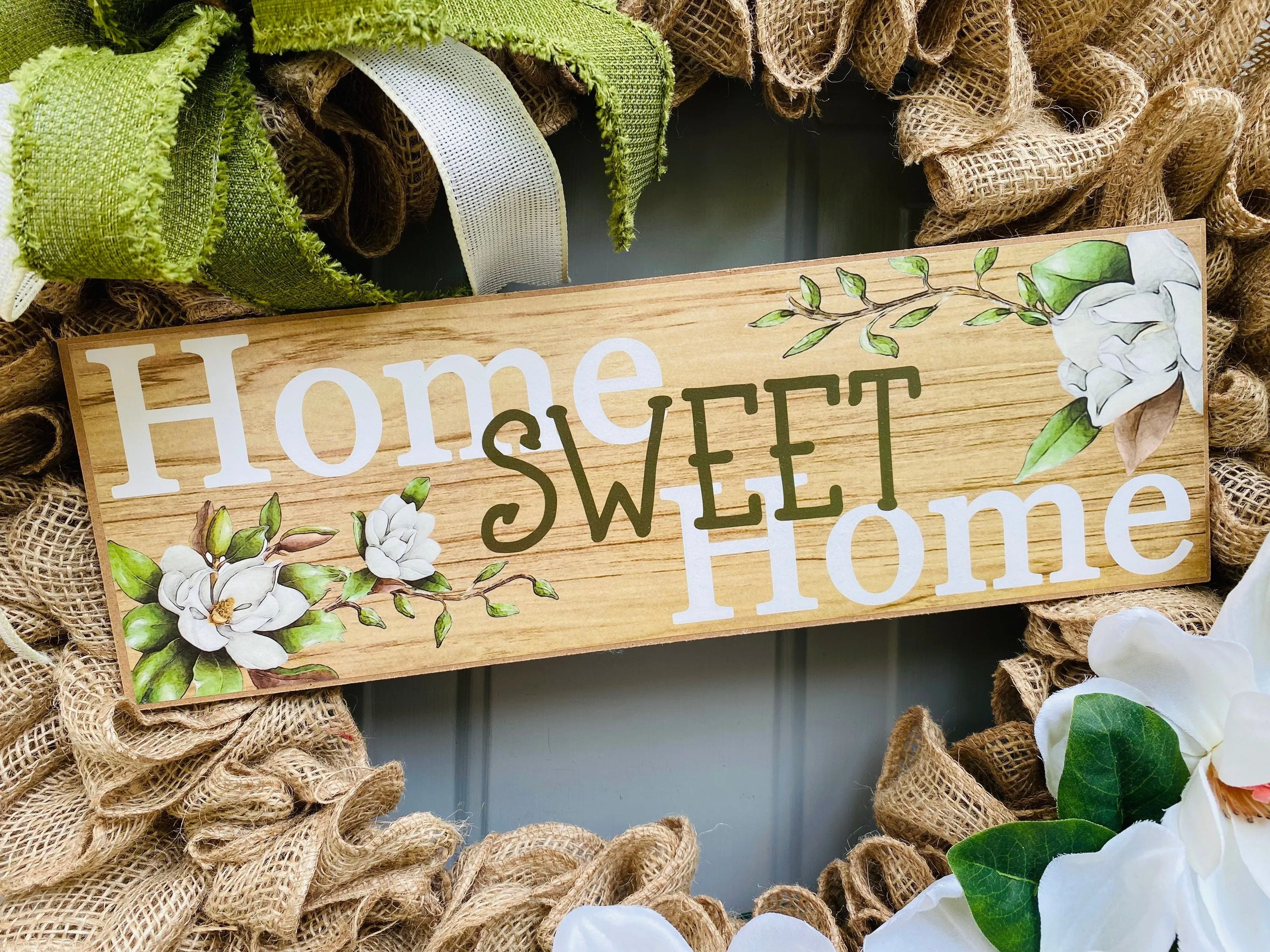 Home Sweet Home Rustic Burlap Wreath, Welcome Wreath for Front Door, Magnolia Everyday Porch Decor