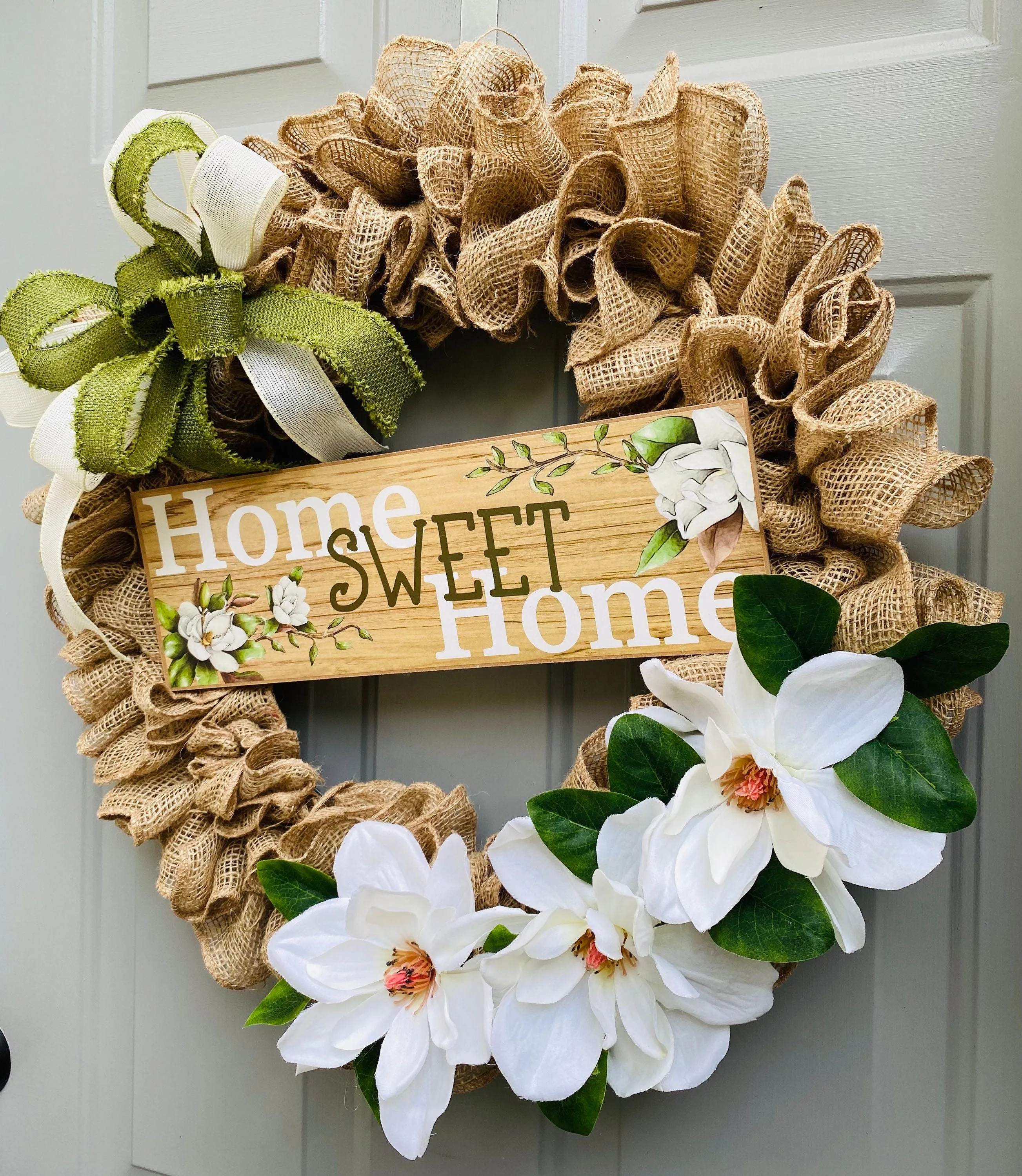 Home Sweet Home Rustic Burlap Wreath, Welcome Wreath for Front Door, Magnolia Everyday Porch Decor