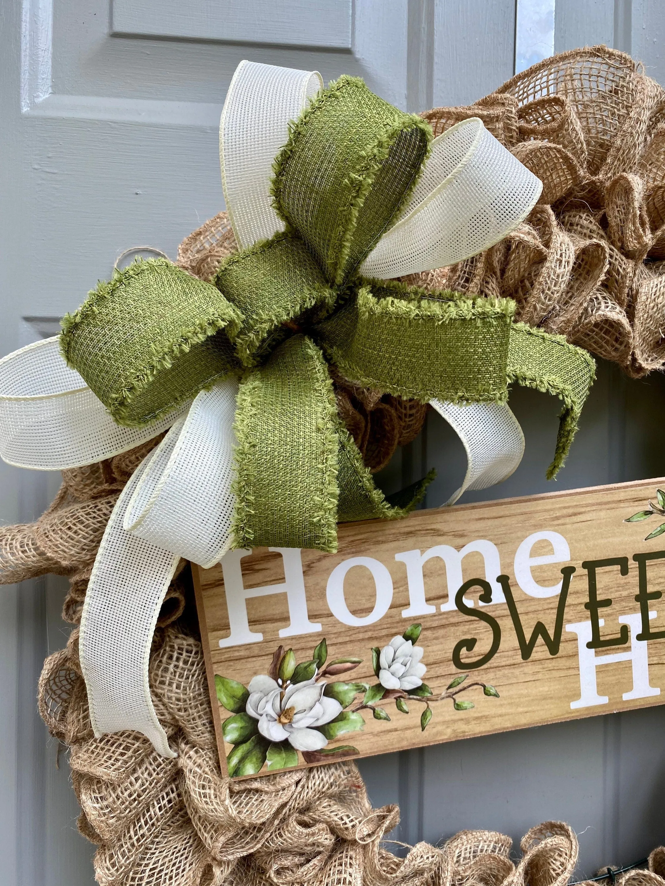 Home Sweet Home Rustic Burlap Wreath, Welcome Wreath for Front Door, Magnolia Everyday Porch Decor
