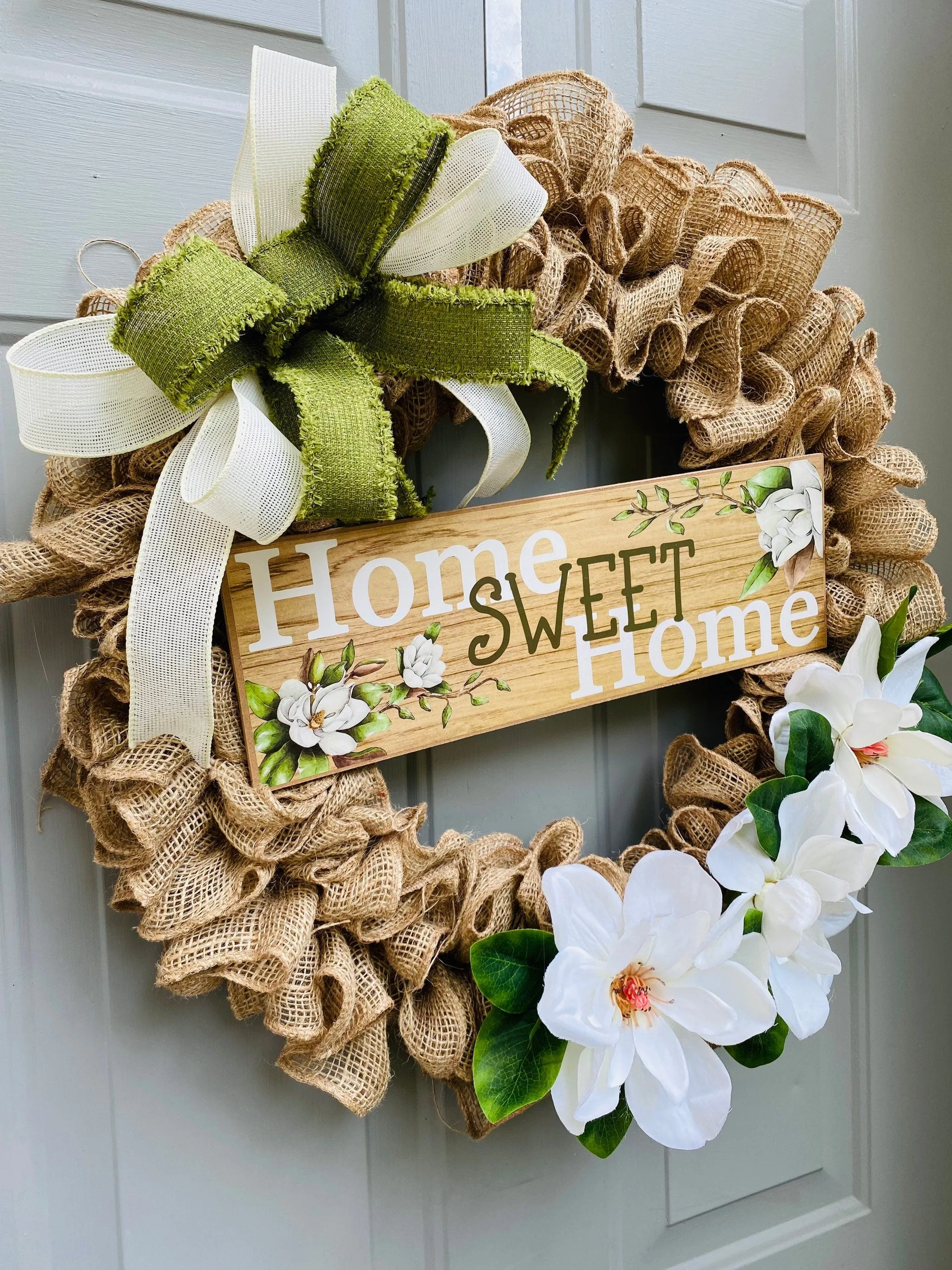 Home Sweet Home Rustic Burlap Wreath, Welcome Wreath for Front Door, Magnolia Everyday Porch Decor