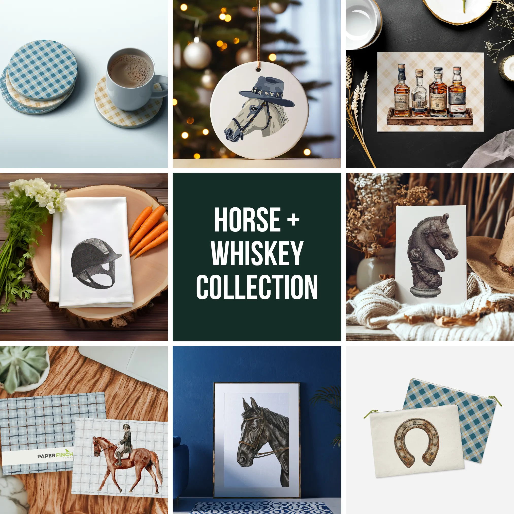 Horseshoe Ornament**: Beautiful one-sided design of a bronze horseshoe on plaid, ideal for adding equestrian flair to your Christmas tree! | Horse   Whiskey Collection