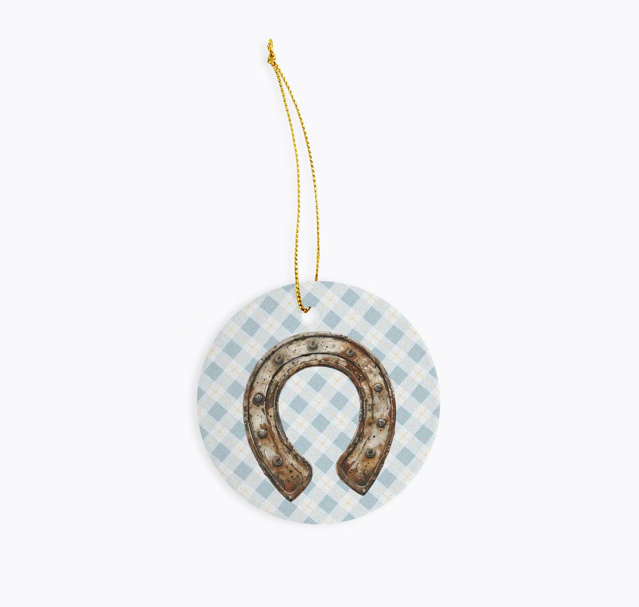 Horseshoe Ornament**: Beautiful one-sided design of a bronze horseshoe on plaid, ideal for adding equestrian flair to your Christmas tree! | Horse   Whiskey Collection